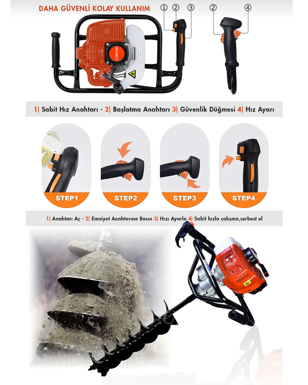 Bosch EEA343 Benzinli Toprak Burgu Makinesi Çapı 30 CM teknik özellikler