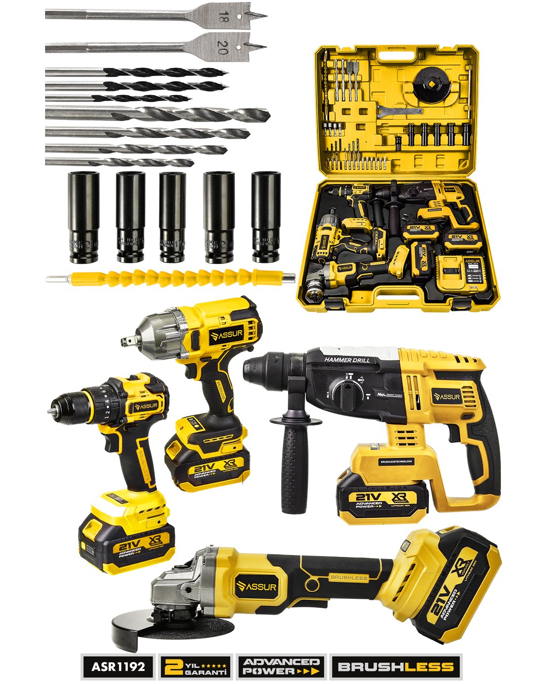 Assur ASR1192 Profesyonel Akülü Kömürsüz 4 lü Matkap Seti 21V 3ah - 800Nm Somun Sökme, 26mm Kırıcı Delici,  13mm Darbeli Vidalama, 125mm Avuç Taşlama (Sarı) model ve fiyatlar