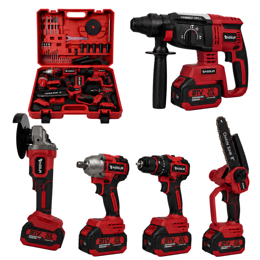 ASSUR ASR1203 Kırmızı Akülü 5li Set - 21V Kömürsüz Profesyonel El Aletleri Seti
