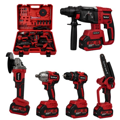 ASSUR ASR1203 Kırmızı Akülü 5li Set - 21V Kömürsüz Profesyonel El Aletleri Seti