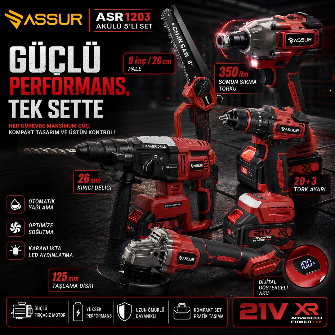 ASSUR ASR1203 Akülü 5’li Set 21V Kömürsüz Profesyonel El Aletleri Seti özellikleri