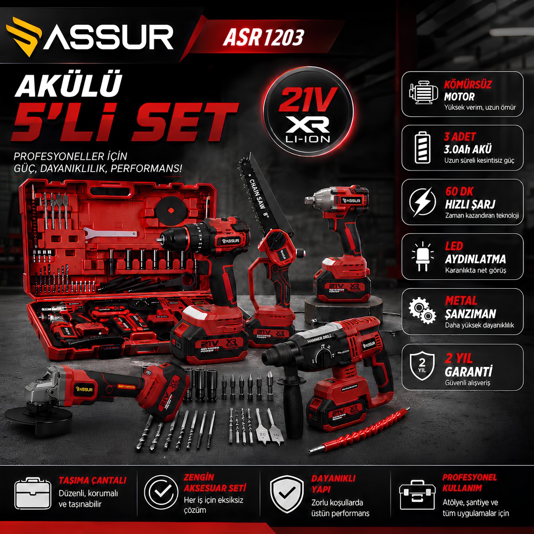 ASSUR ASR1203 Akülü 5’li Set 21V Kömürsüz Profesyonel El Aletleri Seti teknik özellikleri