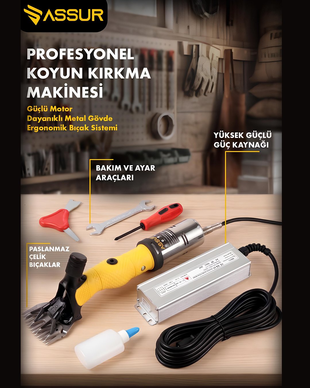 Assur ASR681 Profesyonel Koyun Keçi Kırkma Makinesi - 200W Elektrikli Metal Şanzımanlı Çelik Bıçaklı özellikleri