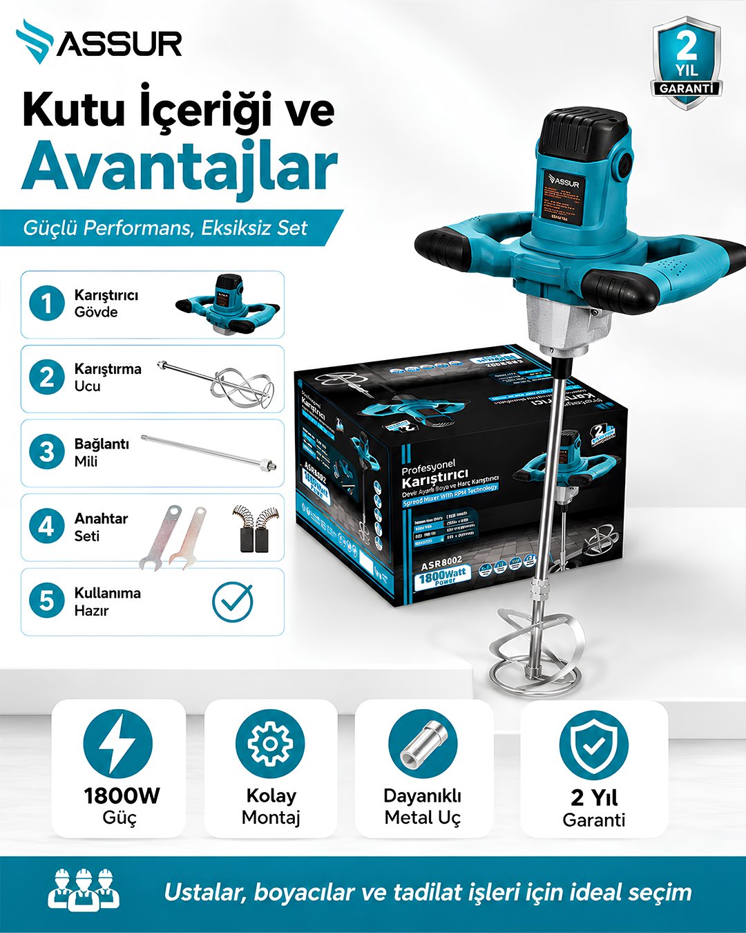ASSUR ASR802 Profesyonel 1800W Devir Ayarlı Elektrikli Karıştırıcı Mikser kutu içeriği