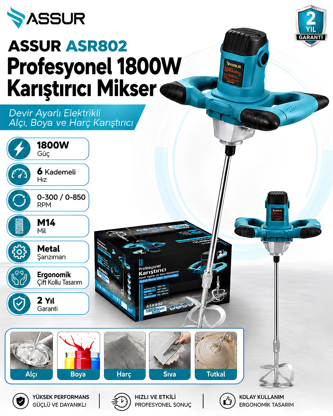 ASSUR ASR802 Profesyonel 1800W Devir Ayarlı Elektrikli Karıştırıcı Mikser özellikler