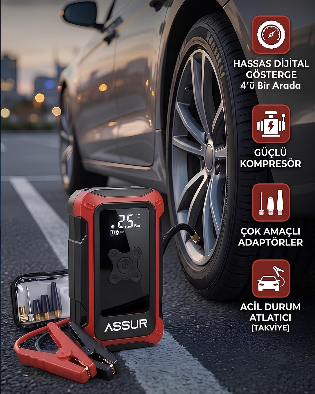 Assur ASR8107 16000mAh 4ü 1 Arada Akü Takviye Cihazı, Hava Kompresörü, Powerbank ve LED Fener genel özellikleri