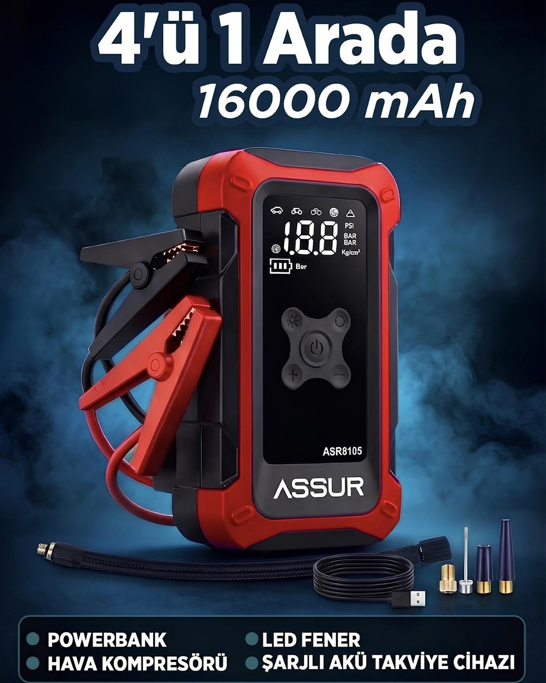 Assur ASR8107 16000mAh 4ü 1 Arada Akü Takviye Cihazı, Hava Kompresörü, Powerbank ve LED Fener model ve fiyatları