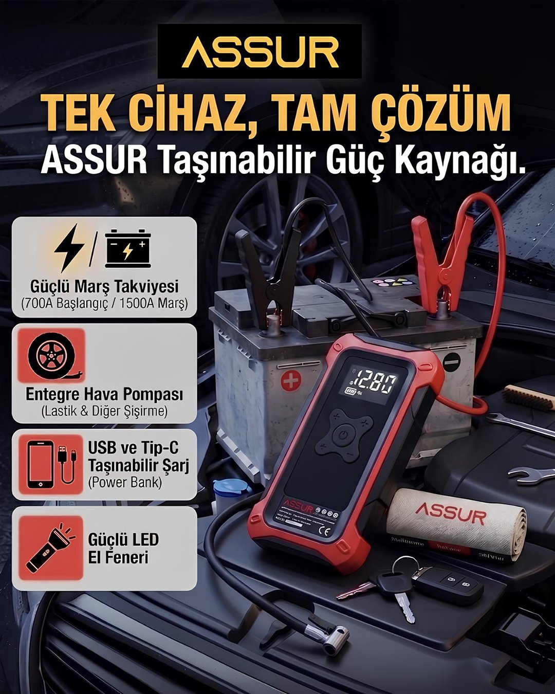 Assur ASR8107 16000mAh 4ü 1 Arada Akü Takviye Cihazı, Hava Kompresörü, Powerbank ve LED Fener teknik özellikleri