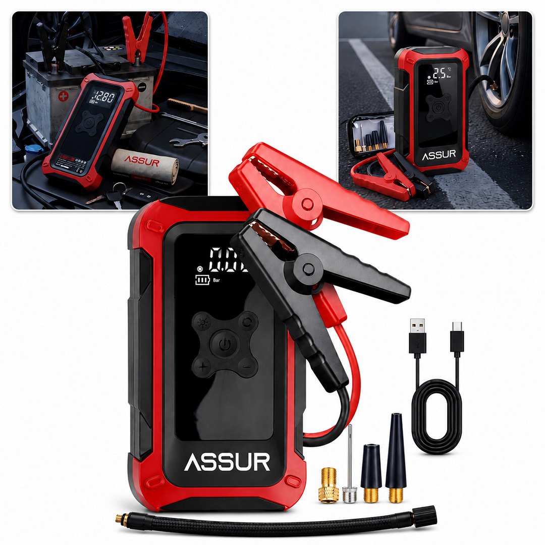 ASSUR ASR8107 16000mAh 4ü1 Arada Akü Takviye Cihazı, Hava Kompresörü, Powerbank ve LED Fener