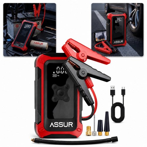 ASSUR ASR8107 16000mAh 4ü1 Arada Akü Takviye Cihazı, Hava Kompresörü, Powerbank ve LED Fener