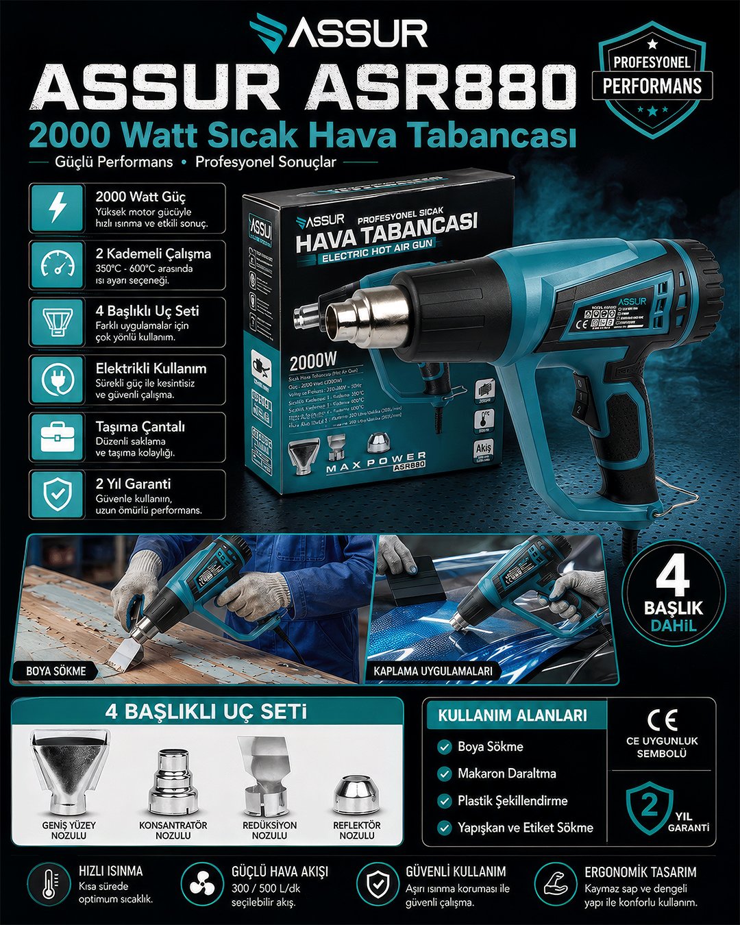 Assur ASR880 2000 Watt 2 Kademeli 4 Başlıklı Sıcak Hava Tabancası model ve fiyatlar