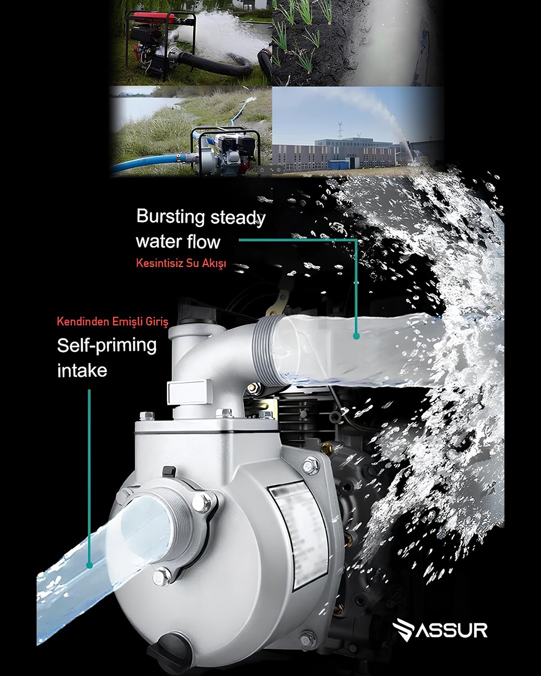 Assur ASR748 Profesyonel 3 inç Benzinli Su Pompası Motoru (Kırmızı) kullanım alanları