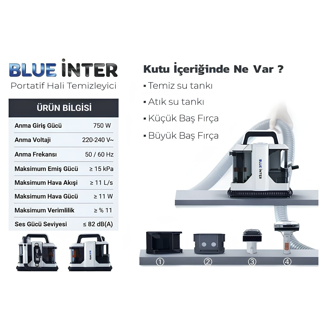 BlueInter W05-750EU 750W Halı Koltuk Yıkama Makinesi 15 kPa - Araç Koltuk Temizleme 2 Hazneli kutu içeriği