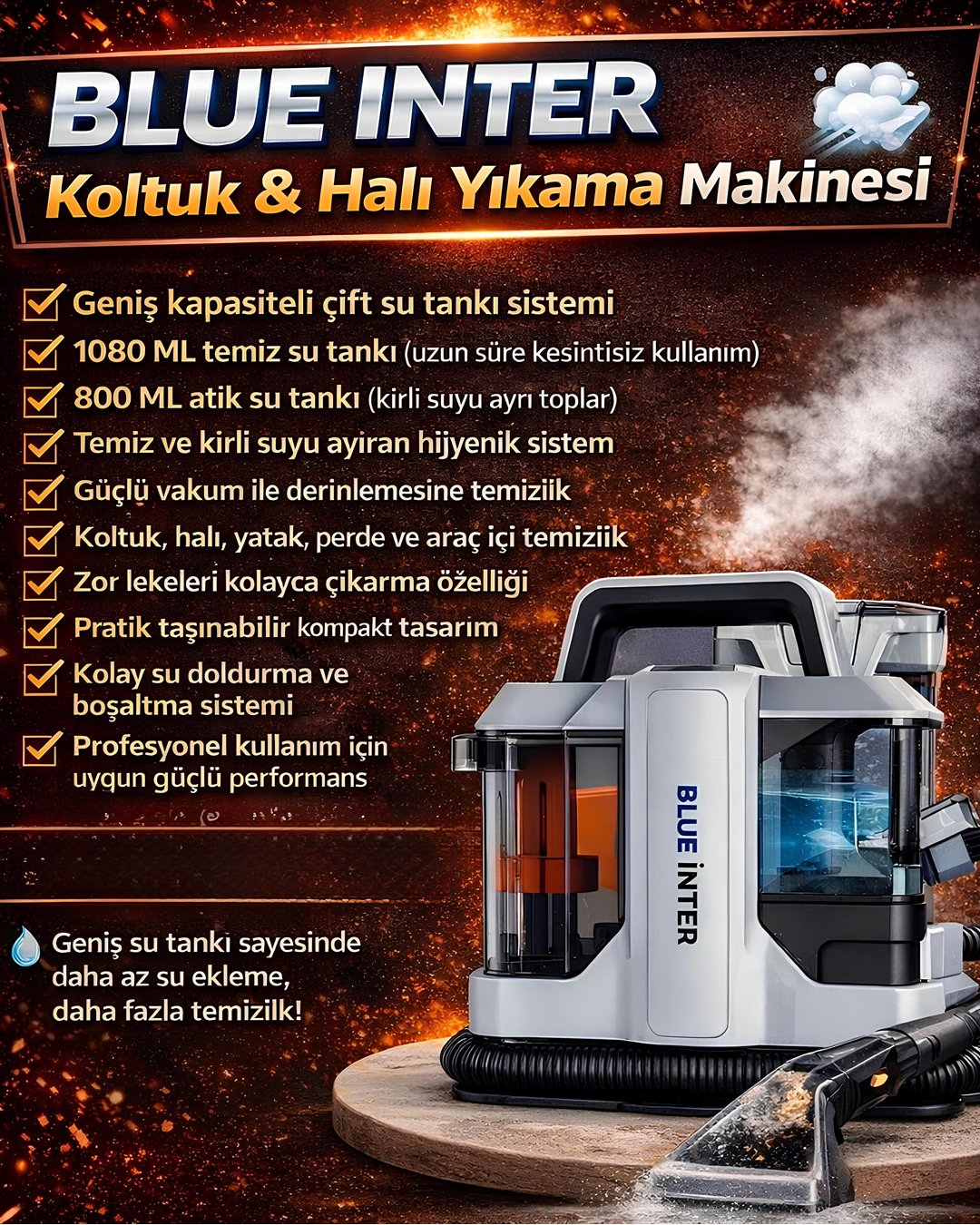 BlueInter W05-750EU 750W Halı Koltuk Yıkama Makinesi 15 kPa - Araç Koltuk Temizleme 2 Hazneli  Model ve Fiyatları