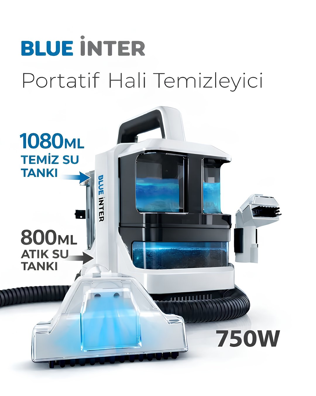 BlueInter W05-750EU 750W Halı Koltuk Yıkama Makinesi 15 kPa - Araç Koltuk Temizleme 2 Hazneli Özellikler