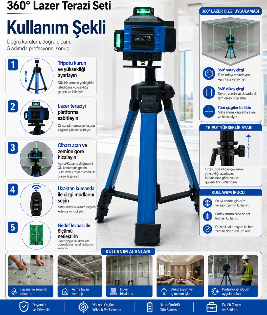 bn5 bnbz01 lazer terazi tripot seti 360 yesil lazer nivo kullanım alanları