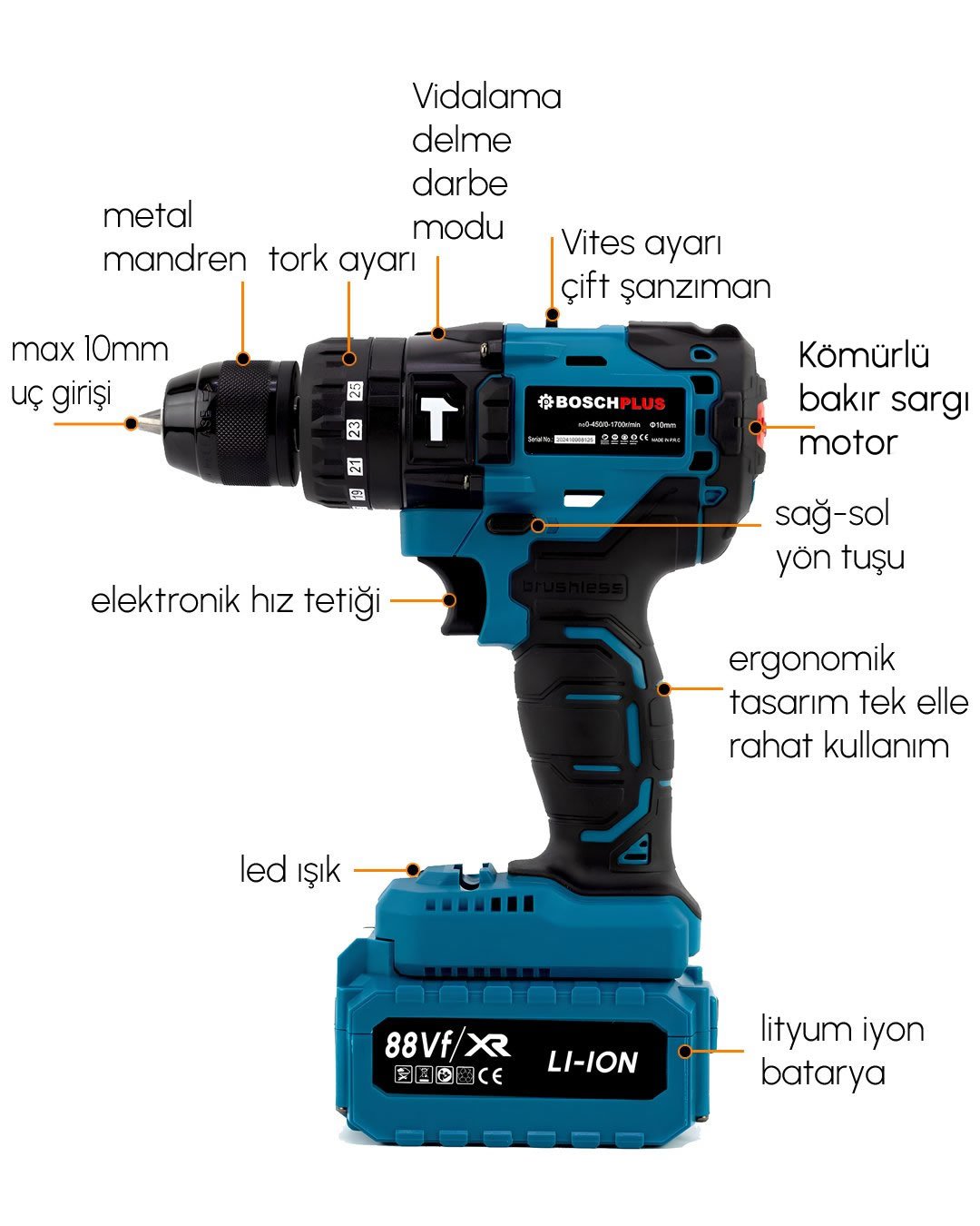 BoschPlus EEA398 Yeni Kömürsüz Akülü Darbeli Vidalama Matkap Seti Çift Batarya 88vf 5ah 84 Parça ÖZELLİKLER