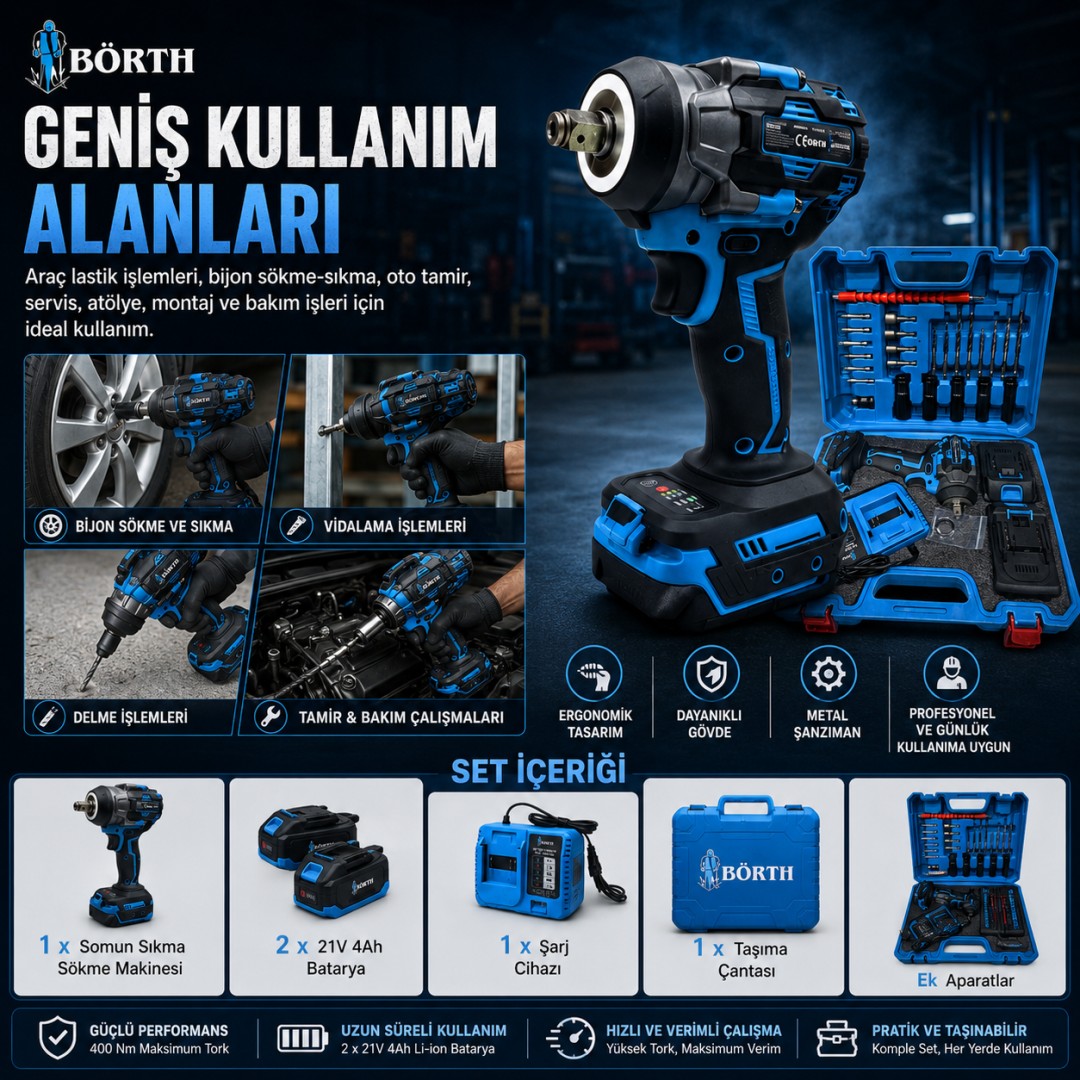 Börth Çift Akülü 400 Nm Somun Sıkma Sökme Makine Seti kullanım alanları