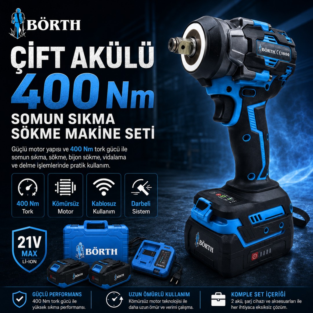 Börth Çift Akülü 400 Nm Somun Sıkma Sökme Makine Seti özellikleri