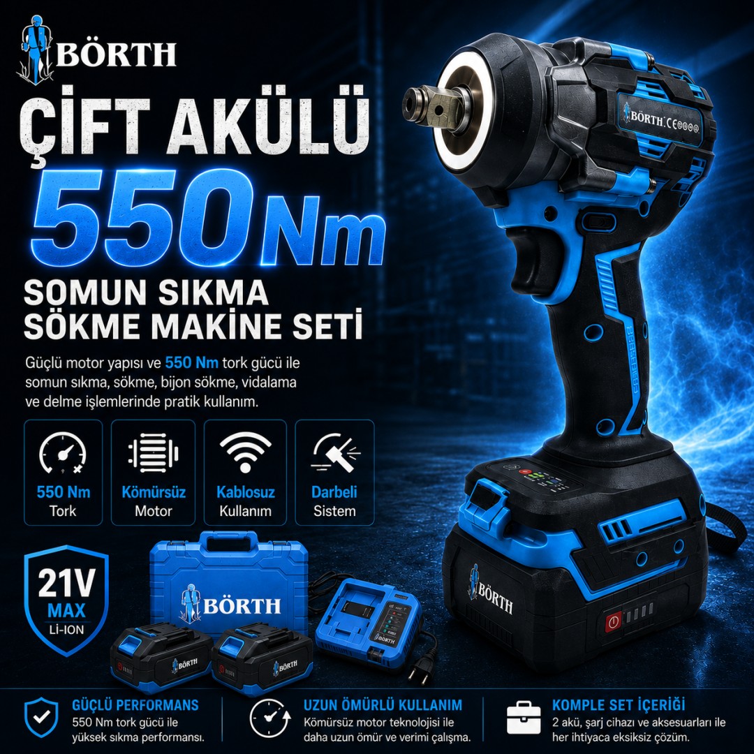 Börth Çift Akülü 400 Nm Somun Sıkma Sökme Makine Seti özellikleri