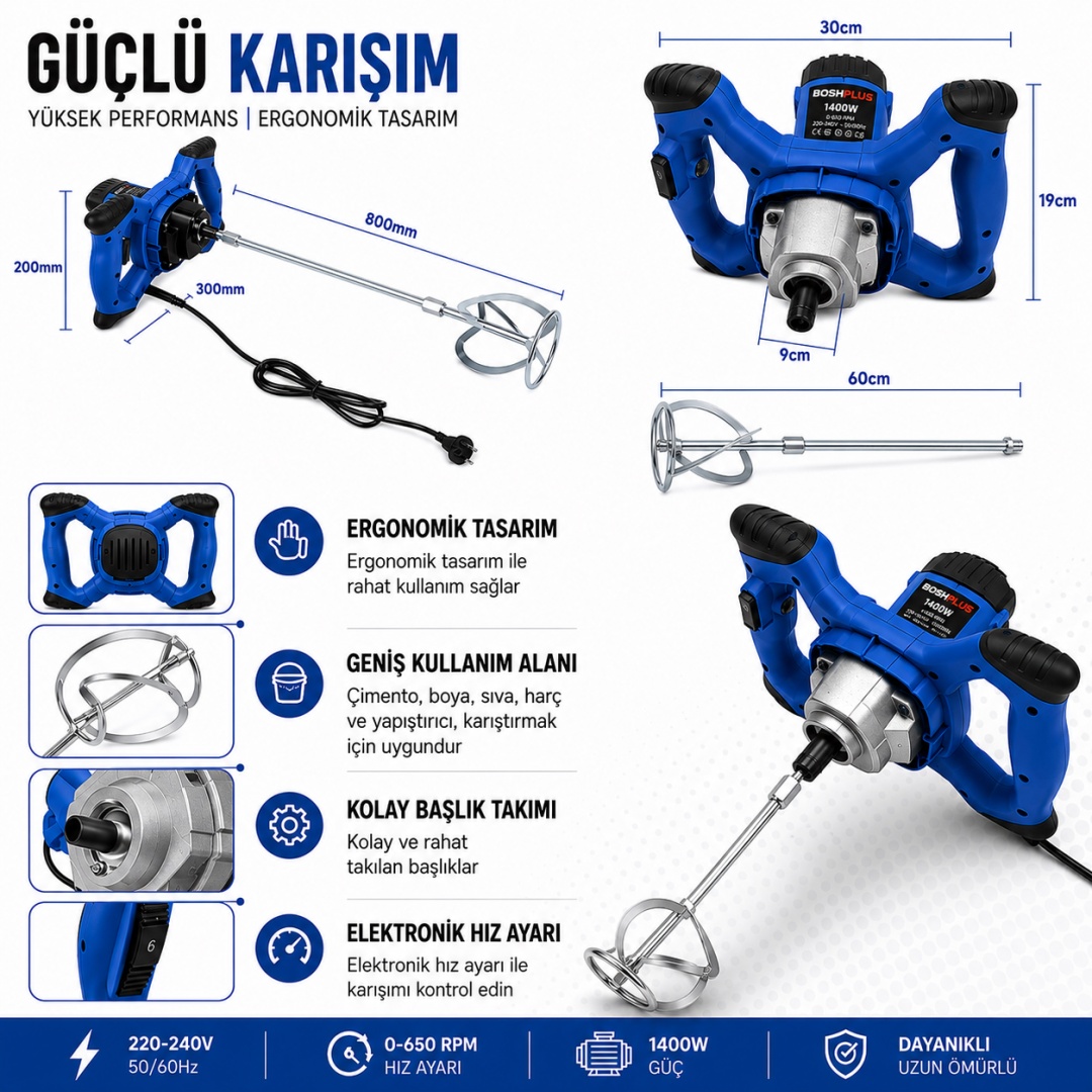 Bosch Plus eea190 Elektrikli Harç Boya Karıştırıcı Mikser 1400watt özellikler