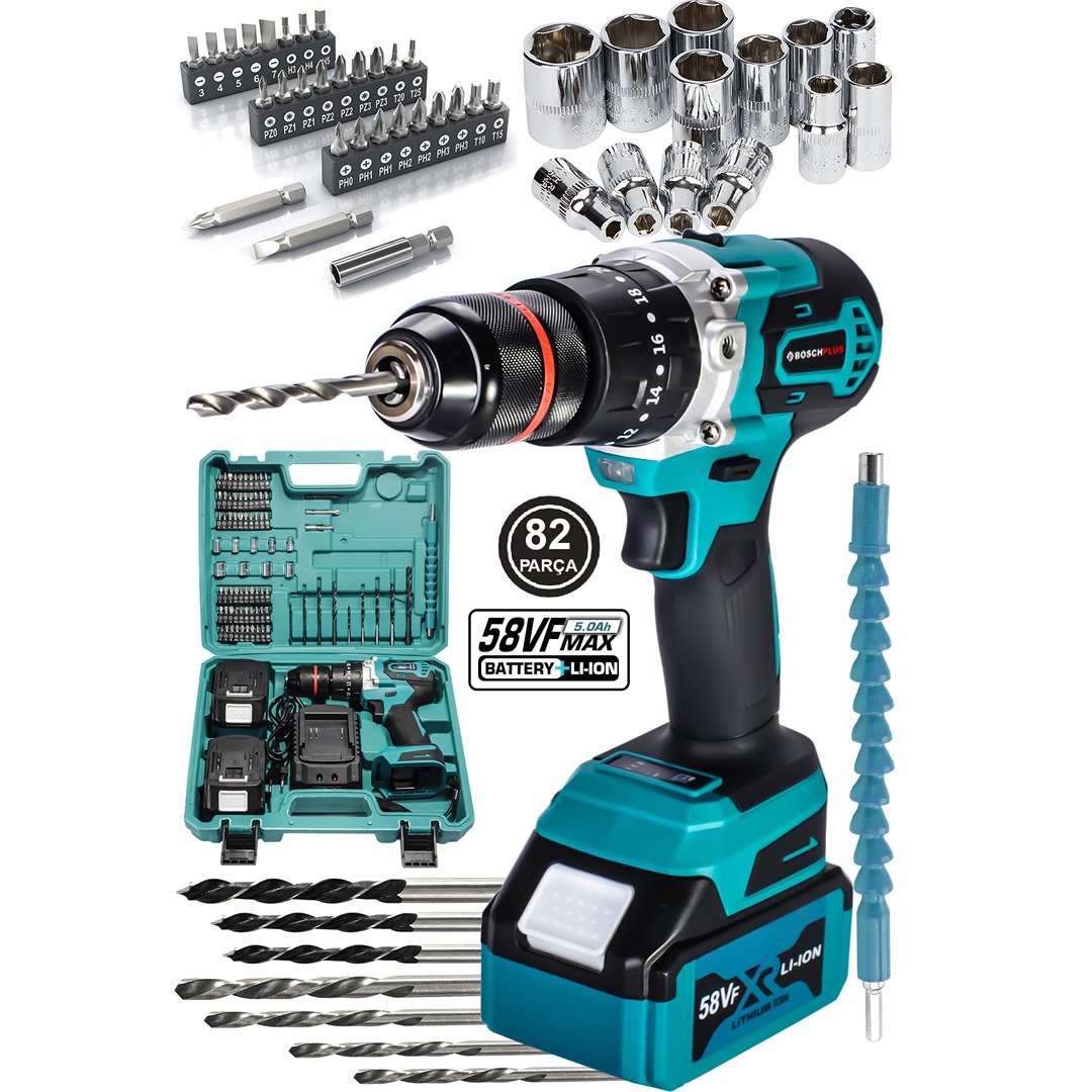BoschPlus EEA224 Çift Akülü 82 Parça 58vf 5ah 10 pilli Darbeli Vidalama Matkap Seti
