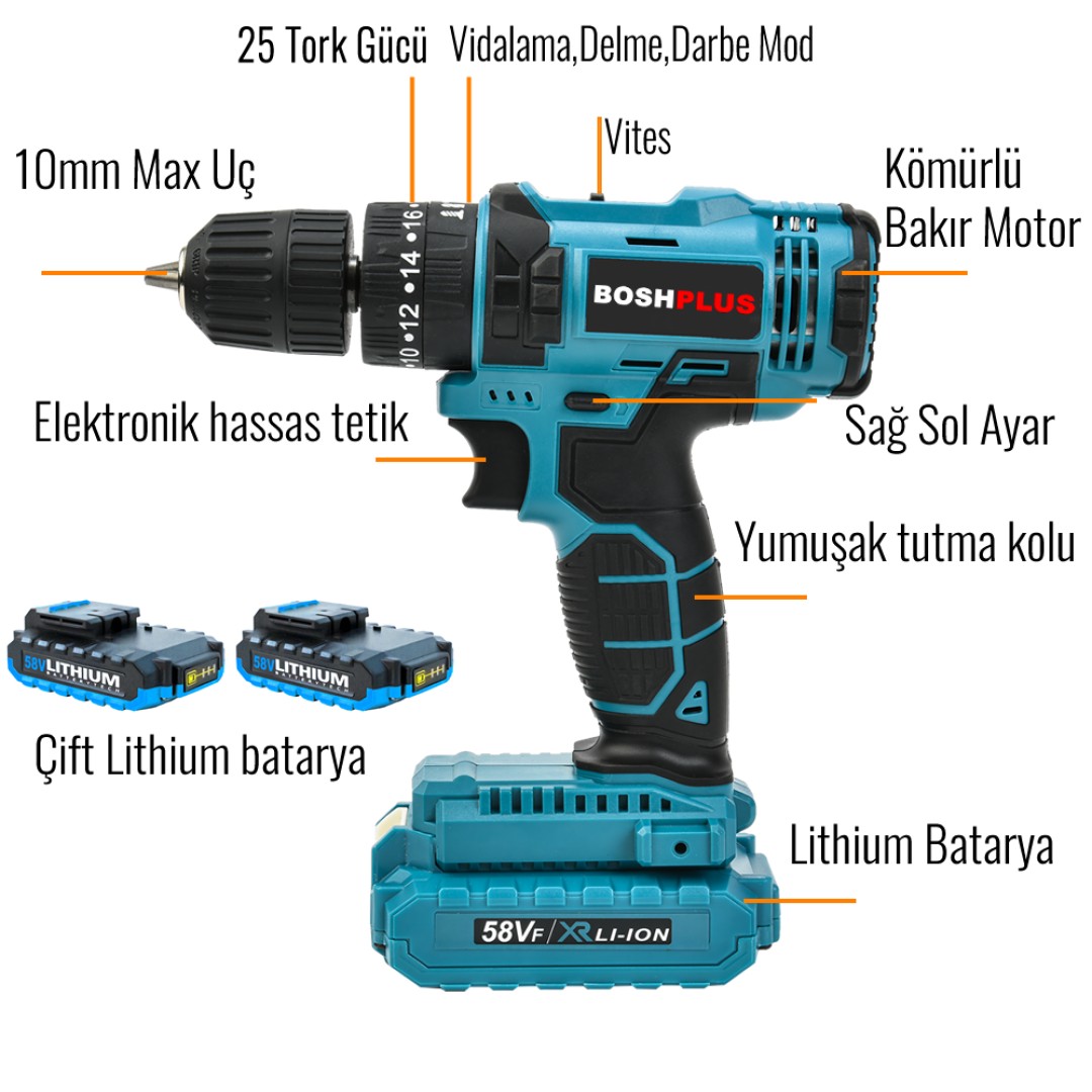 Bocsh Plus eea256 Kömürlü Akülü 58vf Darbeli Vidalama Matkap Seti 3p Teknik özellikler