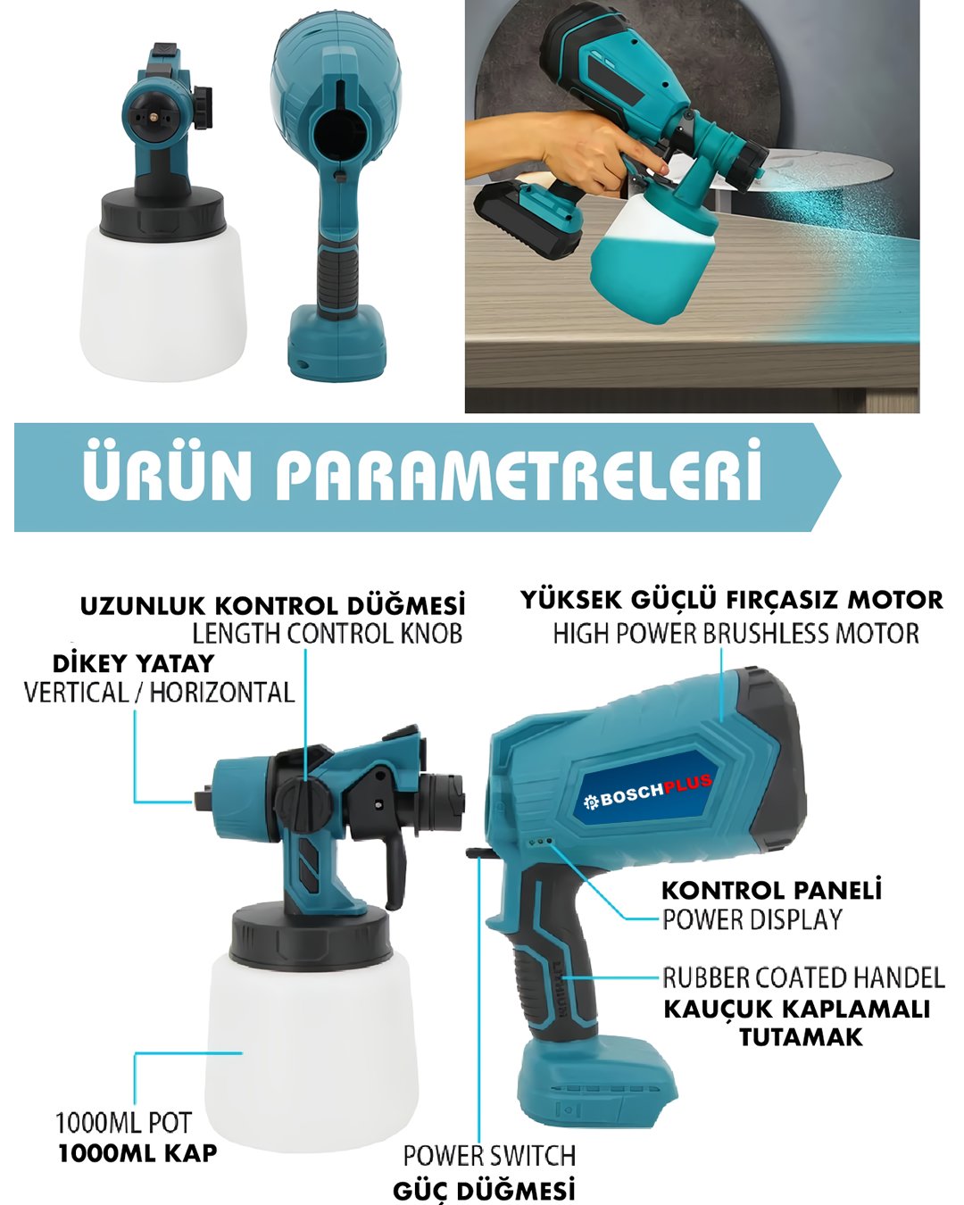 Bosch Plus EEA373 Yüksek Basınçlı Çift Akülü Sprey Boya Püskürtme Tabancası 58Vf teknik özellikler