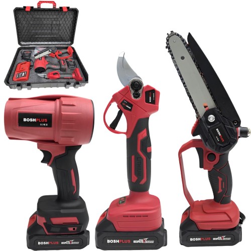 BoshPlus BP001 Akülü Kırmızı 3lü Bahçe Seti - Dal Budama Makası, Dal Budama Testeresi, Hava Üfleme