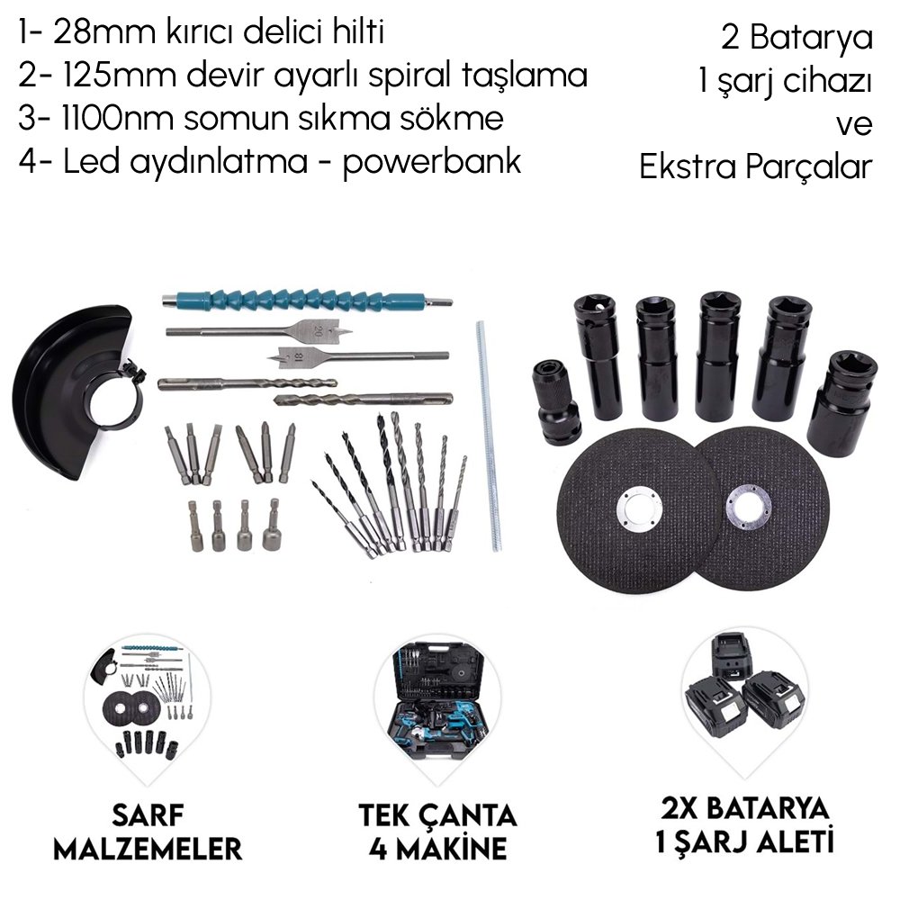 BoschPlus EEA449 Akülü Kömürsüz 3IN1 Set Makine (800Nm Somun Sökme, Kırıcı Delici , 125mm Avuç Taşlama, Powerbank ve Led) 88Vf 10P PARÇALAR