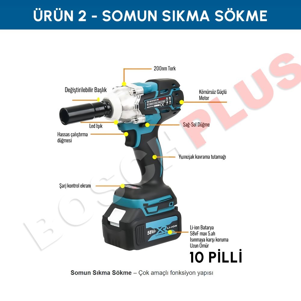 Bosch Plus EEA090 Akülü Ultra 4lü Set Makina 58vf 5ah somun sıkma sökme özellikleri