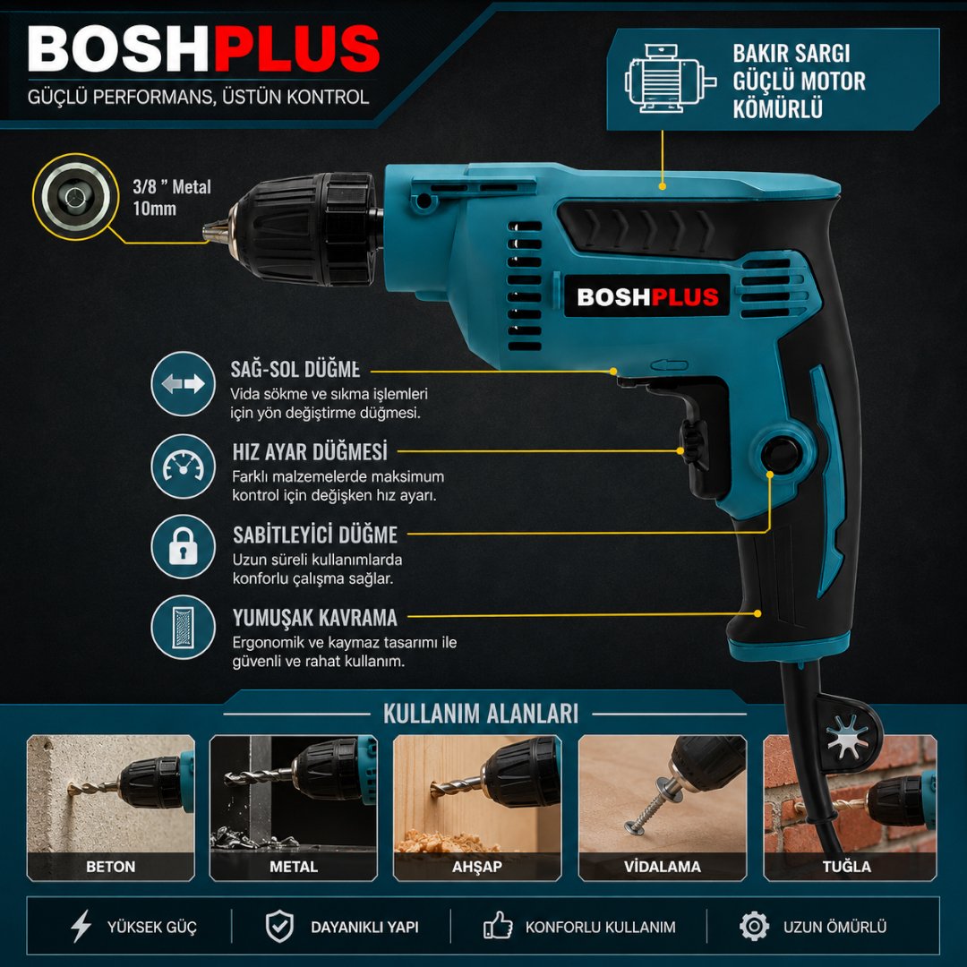 BoshPlus EEA183 Elektrikli Darbesiz Matkap 580w özellikleri