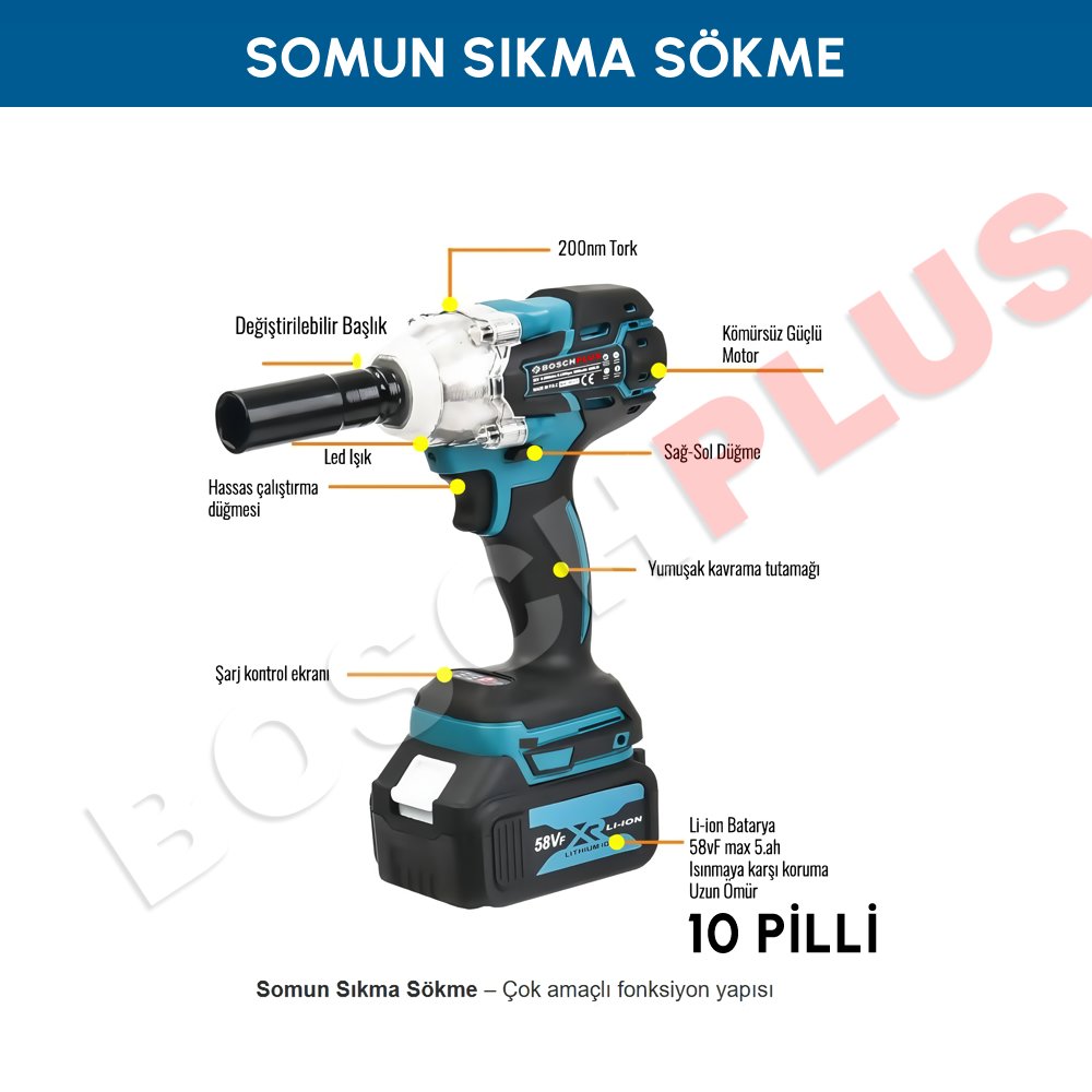 BoschPlus EEA187 Akülü Ultra 2li Set 58w Somun Sökme ve 125mm Avuç Taşlama özellikleri