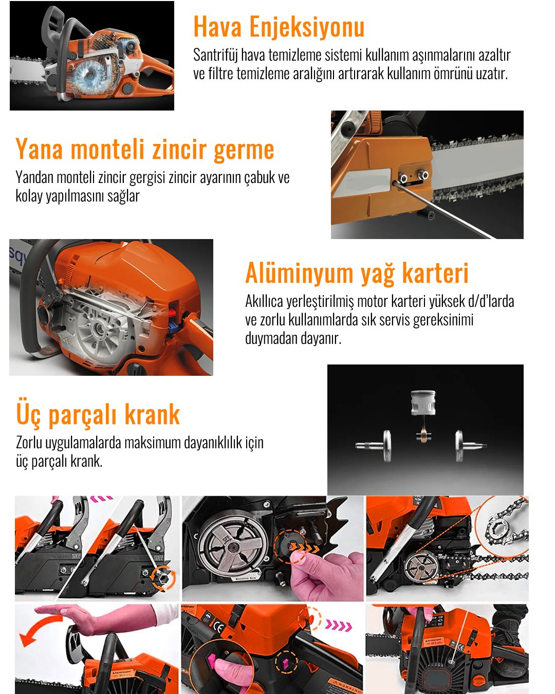 Bsoch Plus EEA337 Ekstra Güçlü 52CC Benzinli Ağaç Odun Dal Kesme Motoru Benzinli Testere Hızar Motoru (Turuncu) kurulum