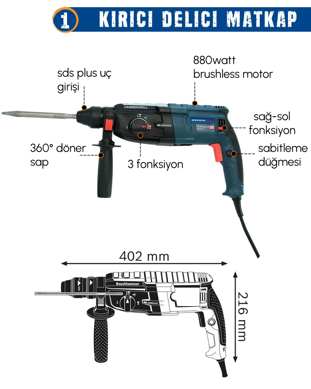 Bosch Plus EEA340 Elektrikli 3 lü Set kırıcı delici özellikler