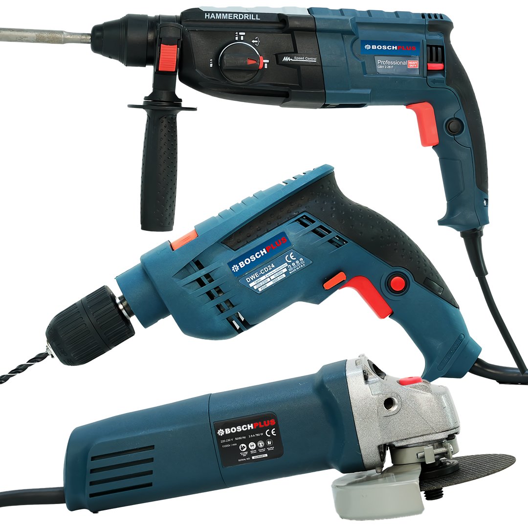 BoschPlus EEA340 Elektrikli 3 lü Set 13mm Darbeli Vidalama + Kırıcı Delici Matkap + 125 mm Avuç Taşlama