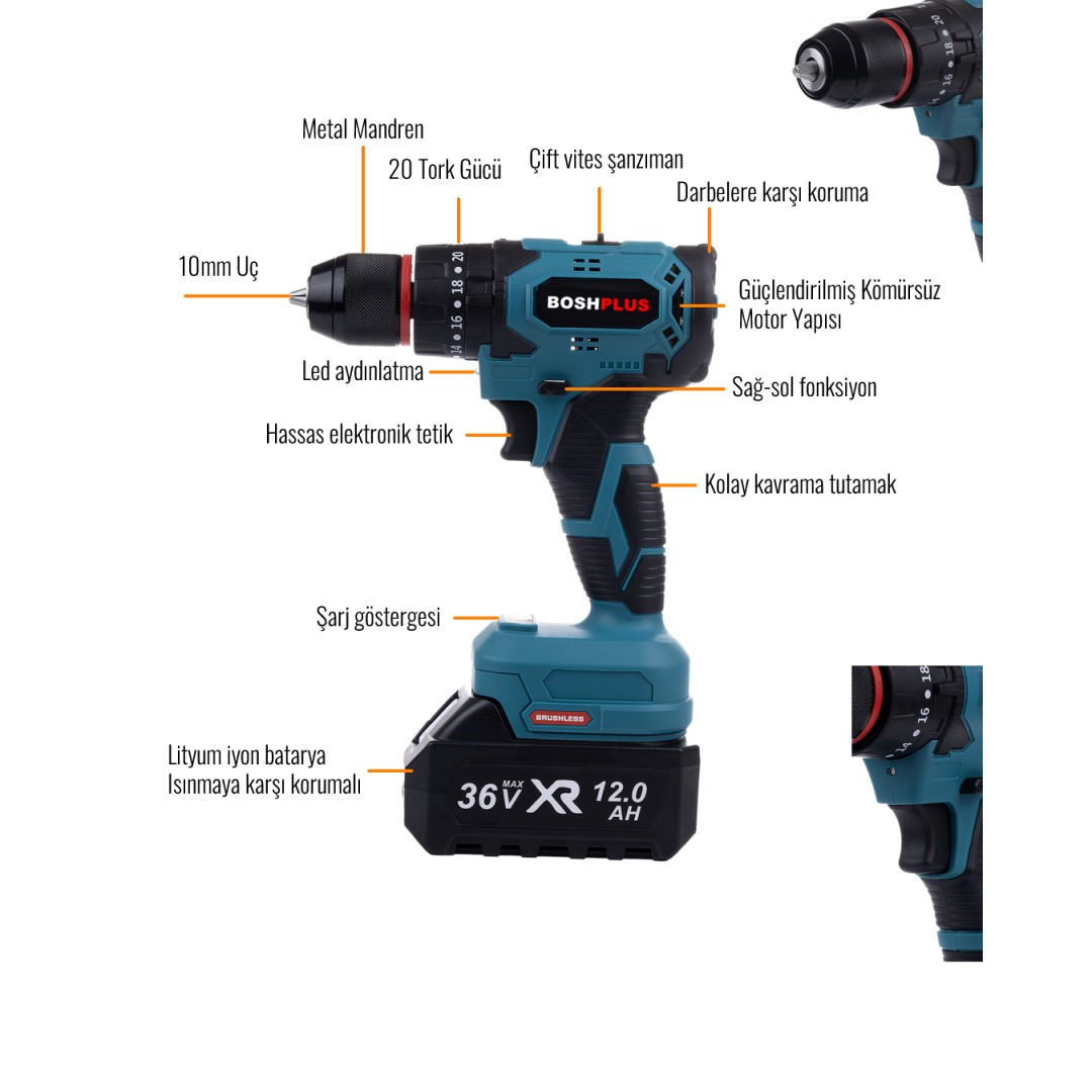 Bosch Plus EEA349 Kömürsüz Motor 36Vf 12ah Metal Mandren Vidalama Matkap Seti 10p