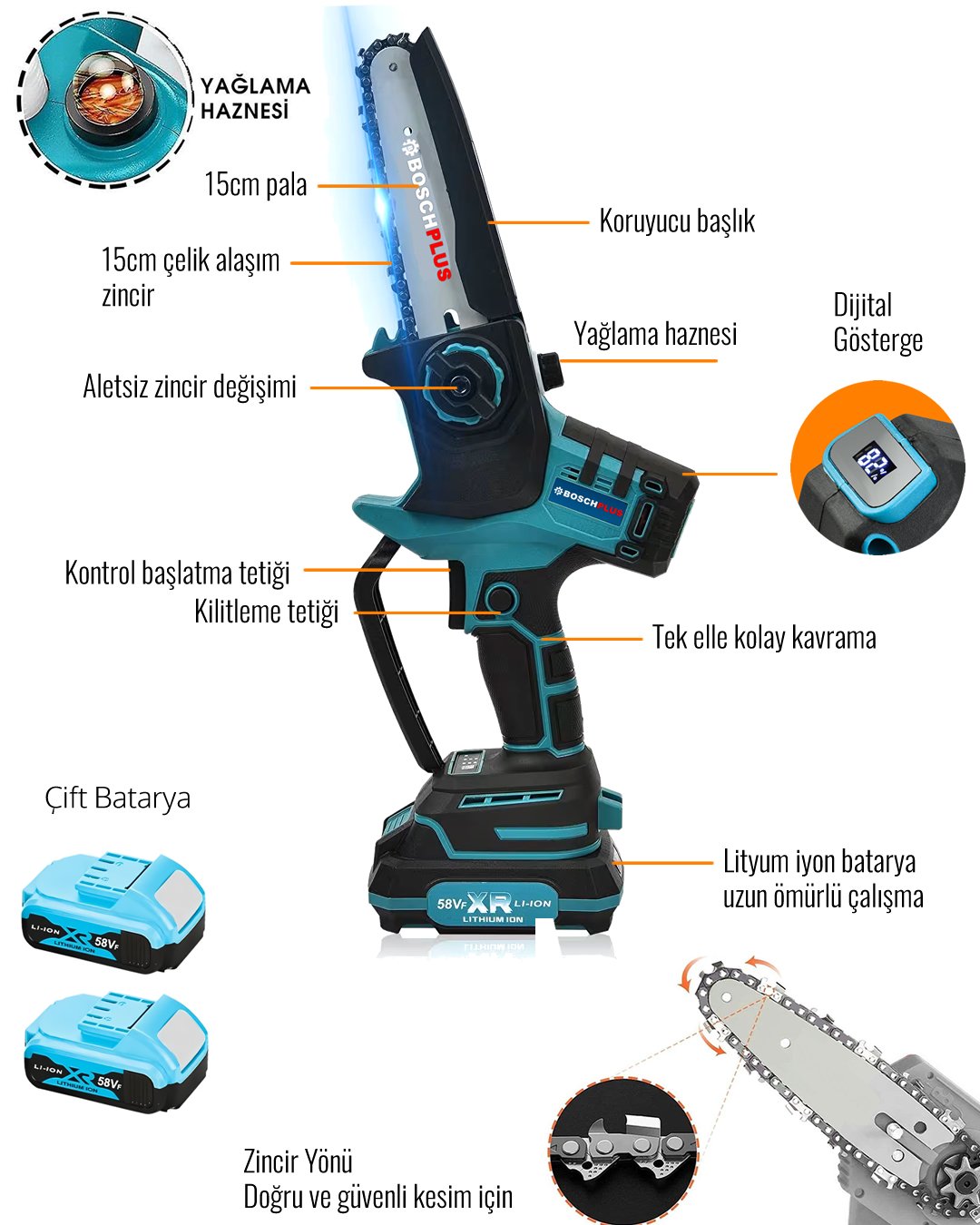 Bosch Plus EEA363 Otomatik Yağlamalı Dijital Göstergeli Şarjlı El Testeresi Ağaç Odun Dal Kesme Budama Çift Batarya 15cm Pala 58Vf ÖZELLİKLER