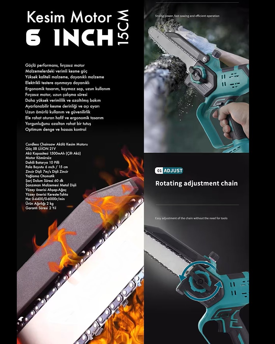 Bosch Plus EEA363 Otomatik Yağlamalı Dijital Göstergeli Şarjlı El Testeresi Ağaç Odun Dal Kesme Budama Çift Batarya 15cm Pala 58Vf pala