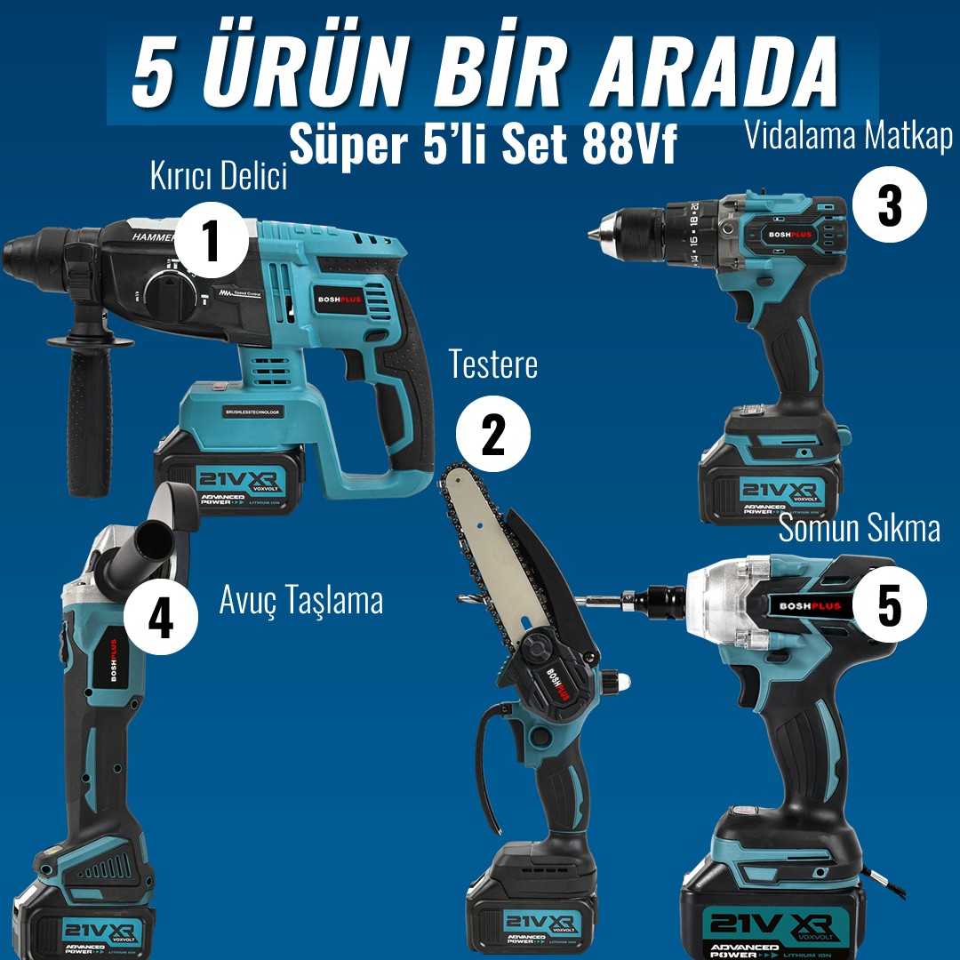 Bosch Plus EEA376 Akülü Süper 5li Set Makina 88vf 5ah 125mm Avuç Taşlama, Sds Plus Kırıcı Delici Hilti, Somun Sıkma Sökme, Vidalama Matkap, Budama Testere