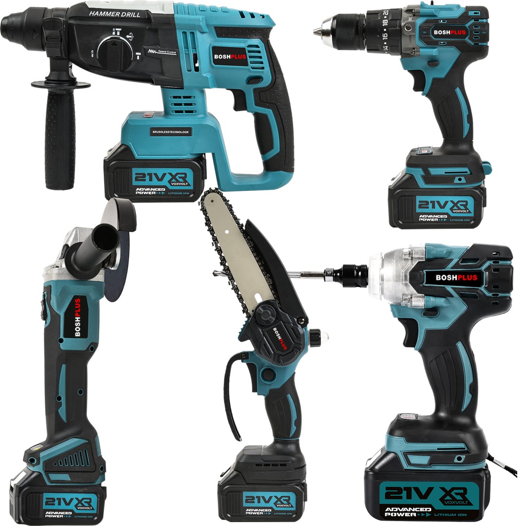 BoshPlus EEA376 Akülü Süper 5li Set Makina 125mm Avuç Taşlama + Sds Plus Kırıcı Delici Hilti + Somun Sıkma Sökme + Vidalama Matkap + Budama Testere