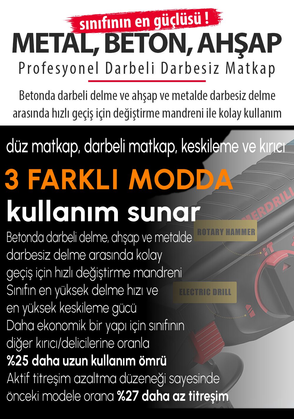 Bosch Plus EEA382 Profesyonel Akülü Kömürsüz Kırıcı Delici Hilti 88Vf (Sarı) fonksiyonlar