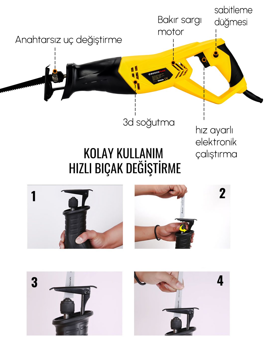 Bosch Plus EEA390 Elektrikli Tilki Kuyruğu Testere Kılıç Testere (Sarı) teknik özellikler