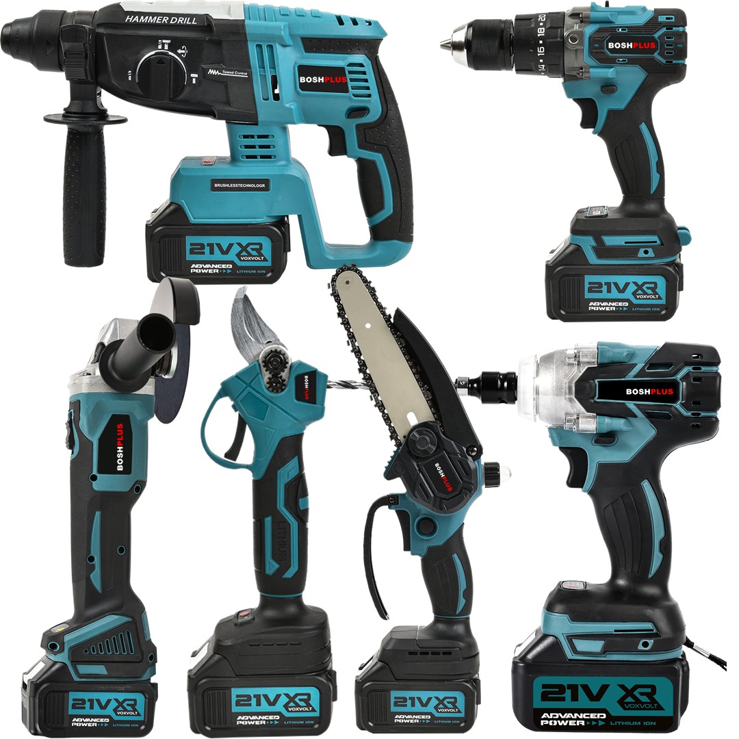 BoshPlus EEA397 Akülü Süper 6lı Set Makina - 125mm Avuç Taşlama, Sds Plus Kırıcı Delici, Somun Sıkma Sökme, Vidalama Matkap, Budama Testere, Budama Makası