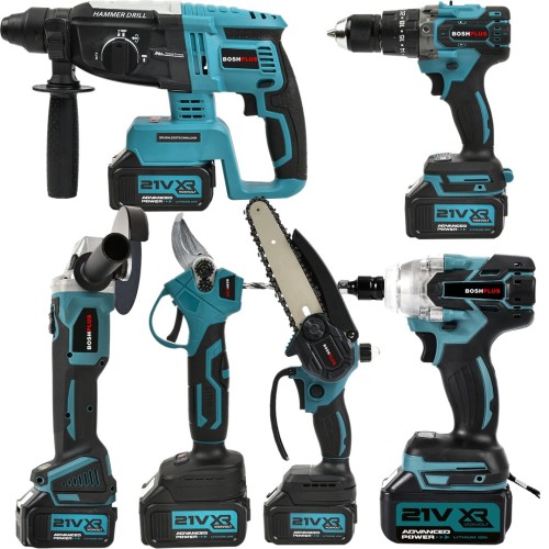 BoshPlus EEA397 Akülü Süper 6lı Set Makina - 125mm Avuç Taşlama, Sds Plus Kırıcı Delici, Somun Sıkma Sökme, Vidalama Matkap, Budama Testere, Budama Makası