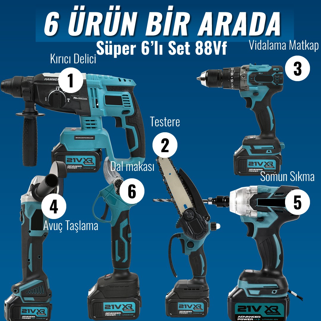 BoschPlus EEA397 Akülü Süper 6li Set Makina 88vf 5ah 125mm Avuç Taşlama, Sds Plus Kırıcı Delic, Somun Sıkma Sökme, Vidalama Matkap, Budama Testere, Budama Makası model ve fiyatlar