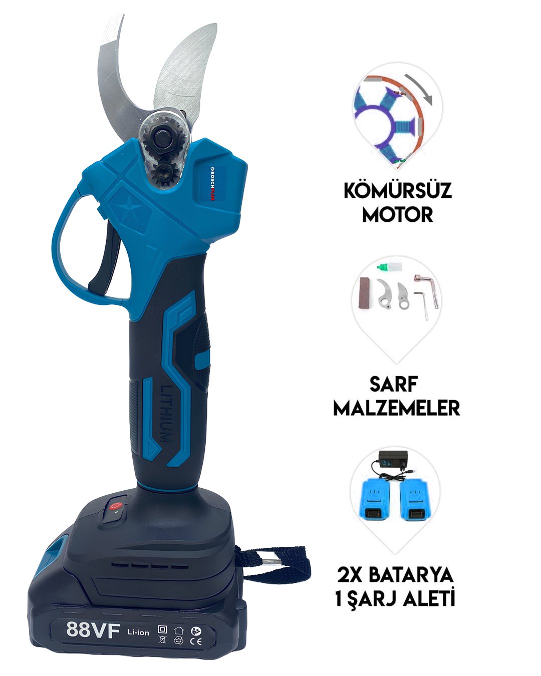 BoschPlus EEA404 Akülü Kömürsüz Dal Budama Makası 40mm 24v 5p (Mavi) kömürsüz motor