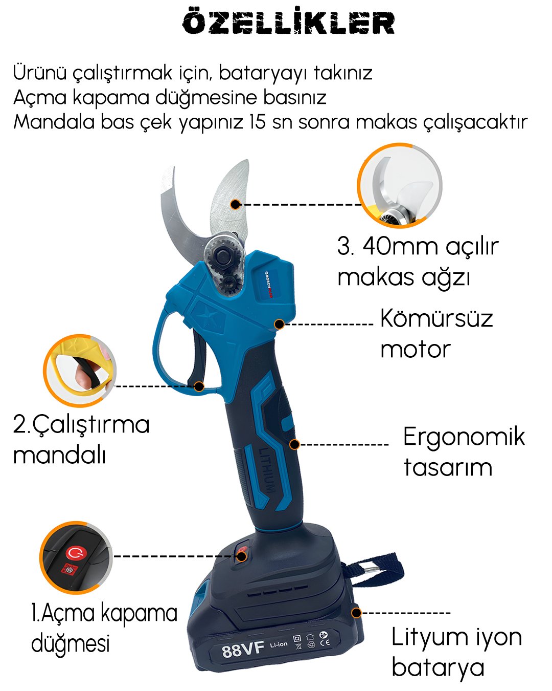 BoschPlus EEA404 Akülü Kömürsüz Dal Budama Makası 40mm 24v 5p (Mavi) özellikler