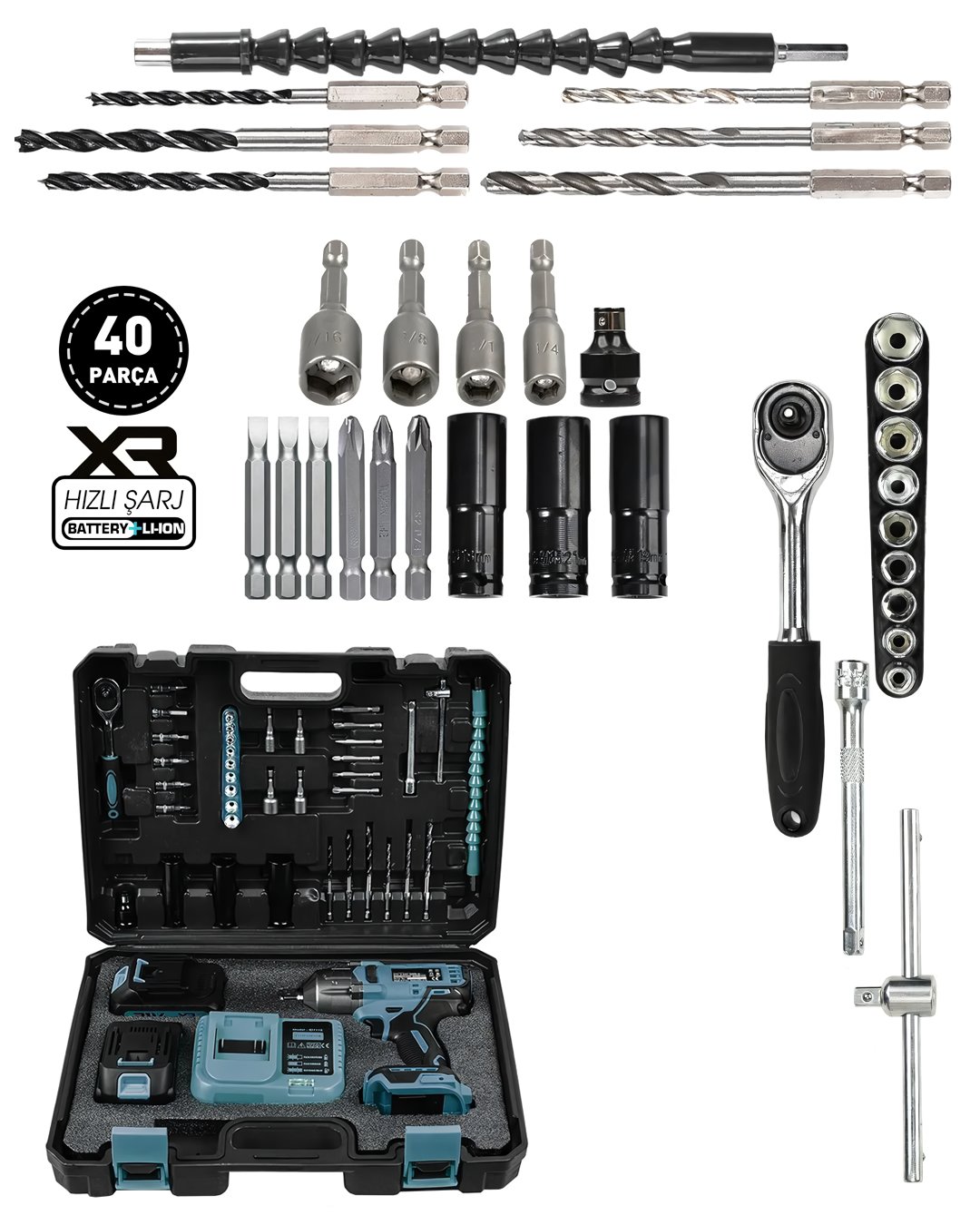 BoschPlus EEA405 Akülü Kömürsüz Motor 800 Nm Torklu Şarjlı Somun Sıkma Bijon Sökme Seti Mavi yedek parçalar