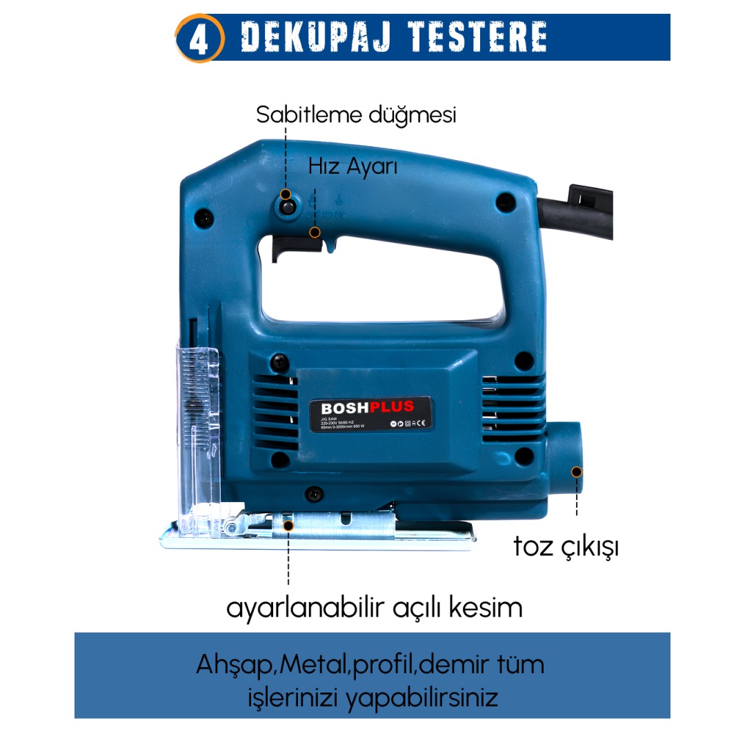 BoschPlus EEA416 Elektrikli 4 lü Makine Seti dekupaj testere özellikleri